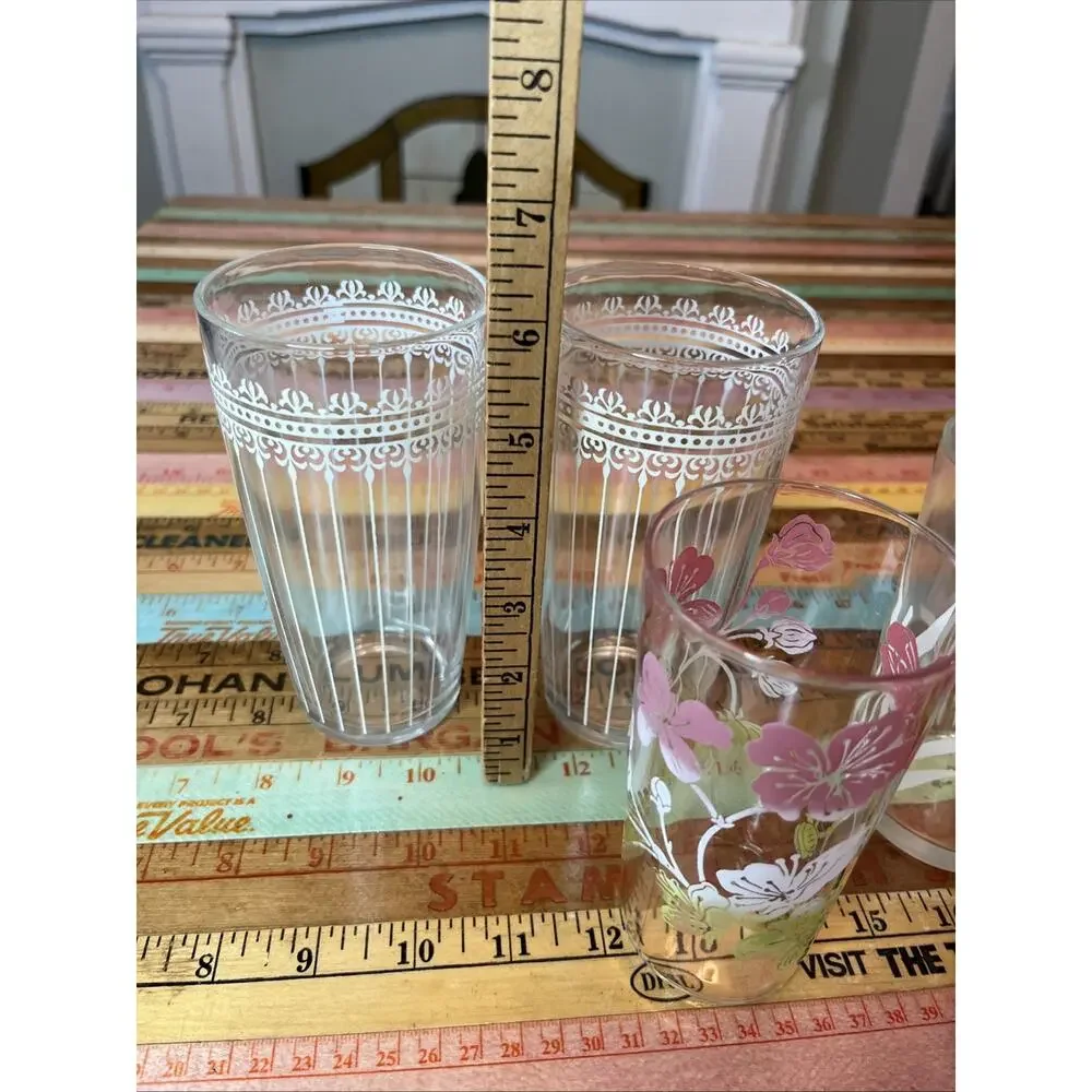 Vintage Floral Drinking Glass Lot of 6 Vintage Retro 60s MCM Tumblers Flowers